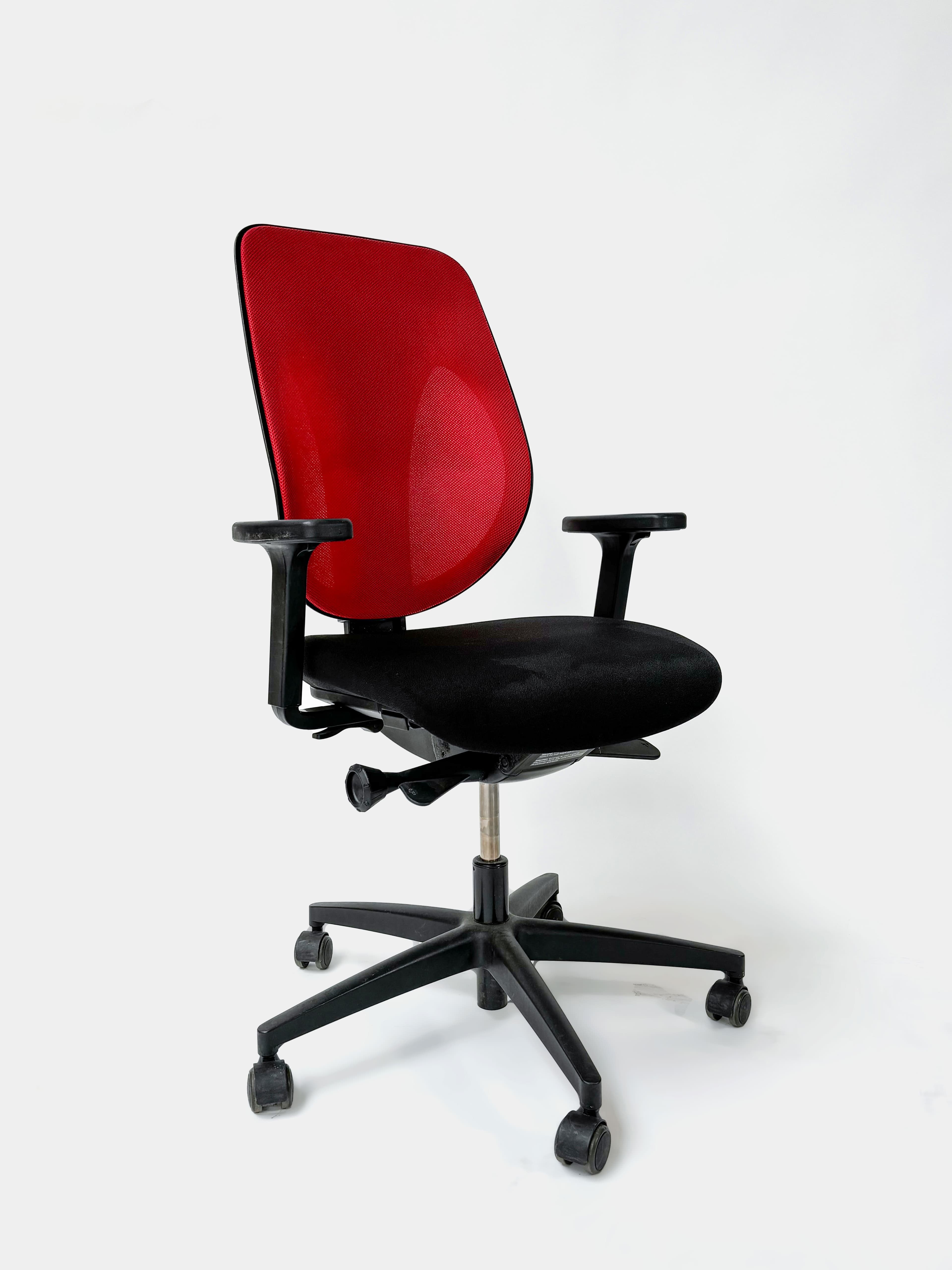 WORN: GIROFLEX Ergonomic adjustable red and black office chair on wheels. Functional but with scratches or spot or defects on the seating-2