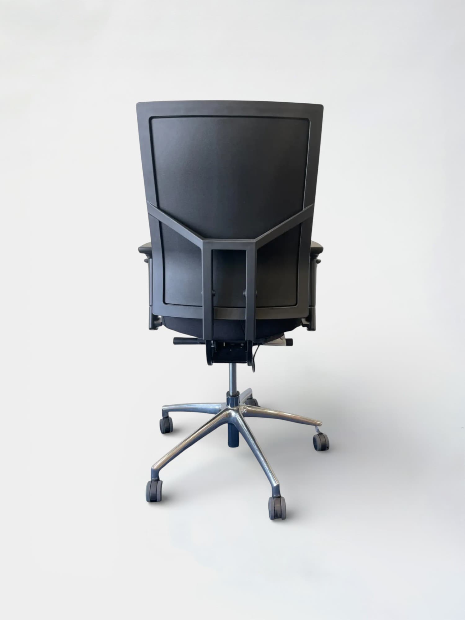 Black fabric office chair with adjustable armrests and a sleek metal frame-2