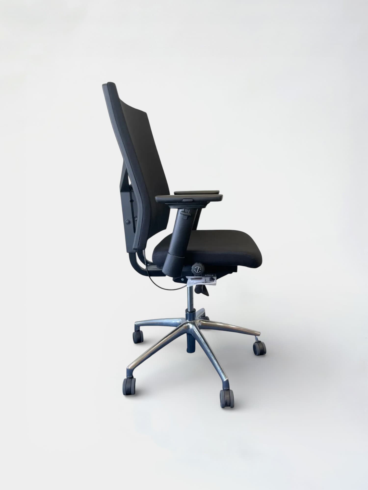Black fabric office chair with adjustable armrests and a sleek metal frame-1