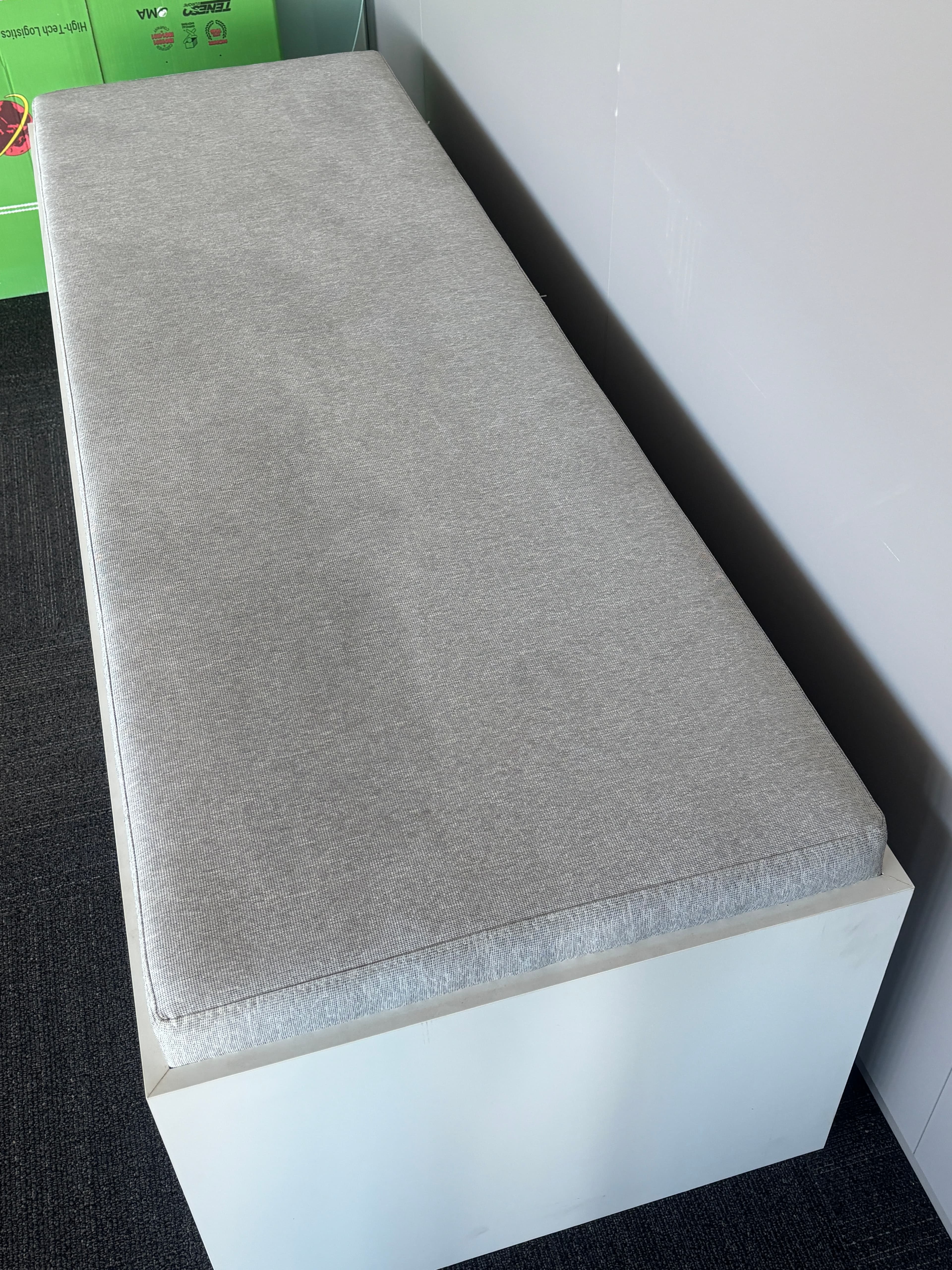 White wooden bench seat with grey fabric-2