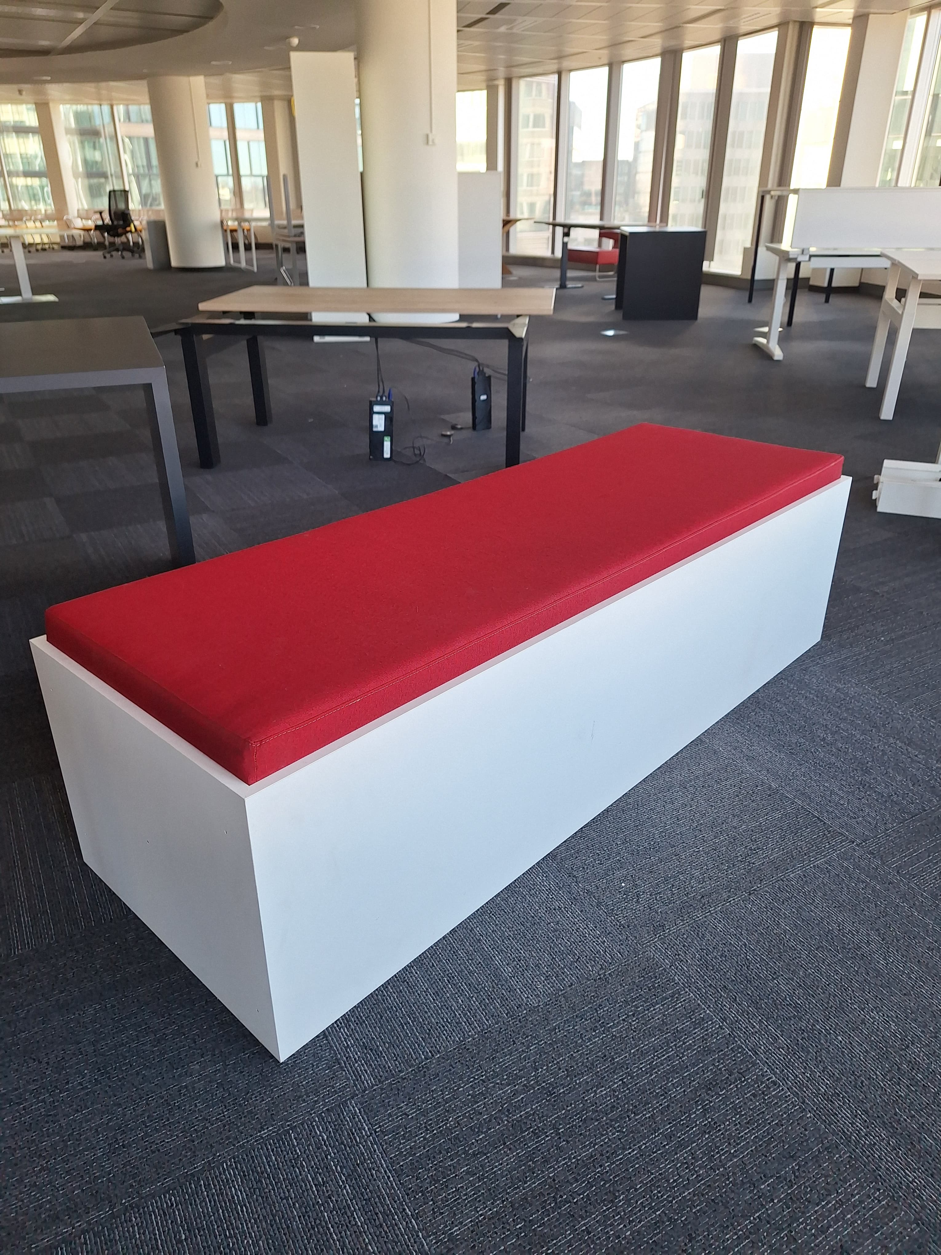 White wooden bench seat with red fabric-2