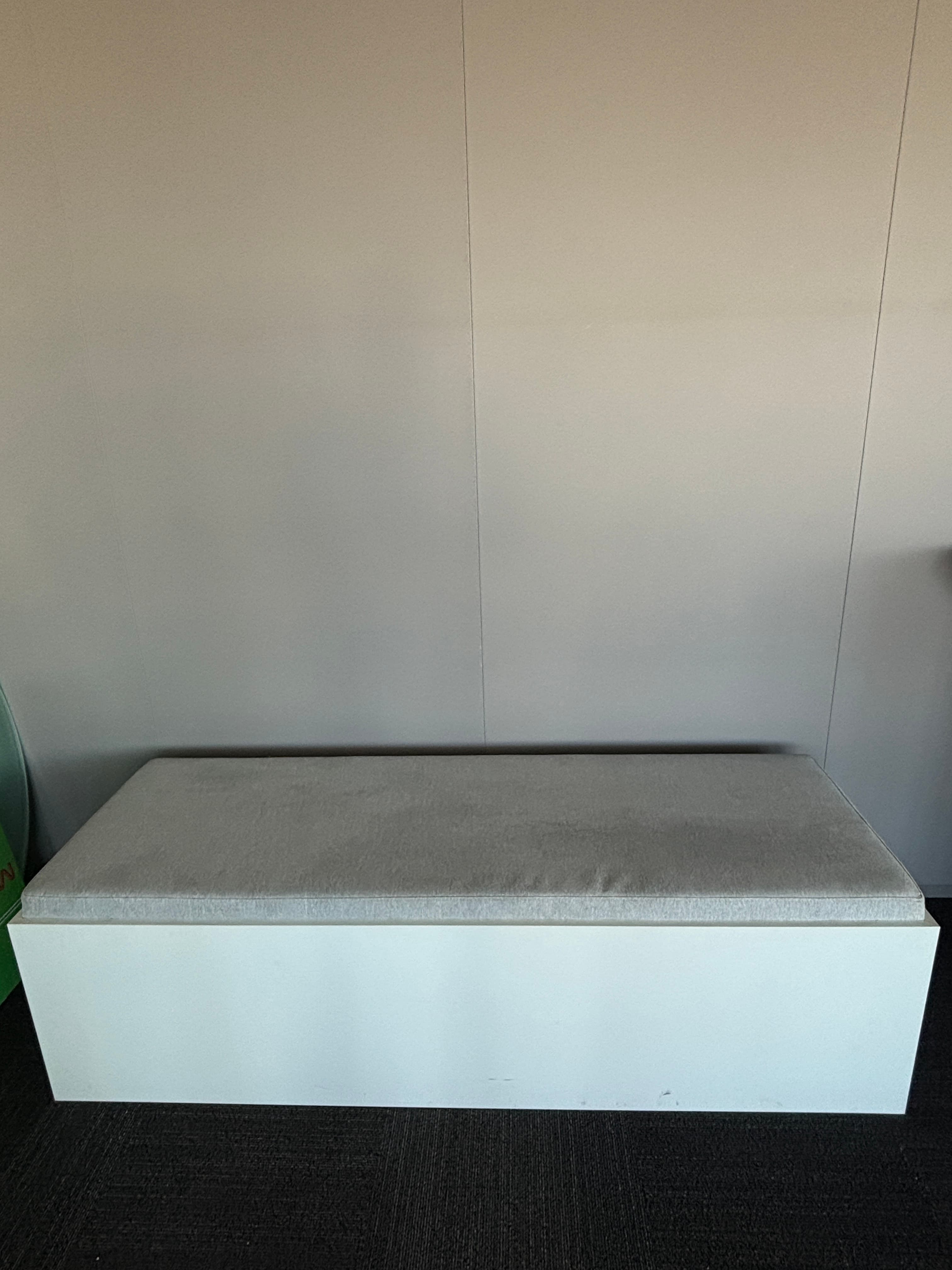 White wooden bench seat with grey fabric-1