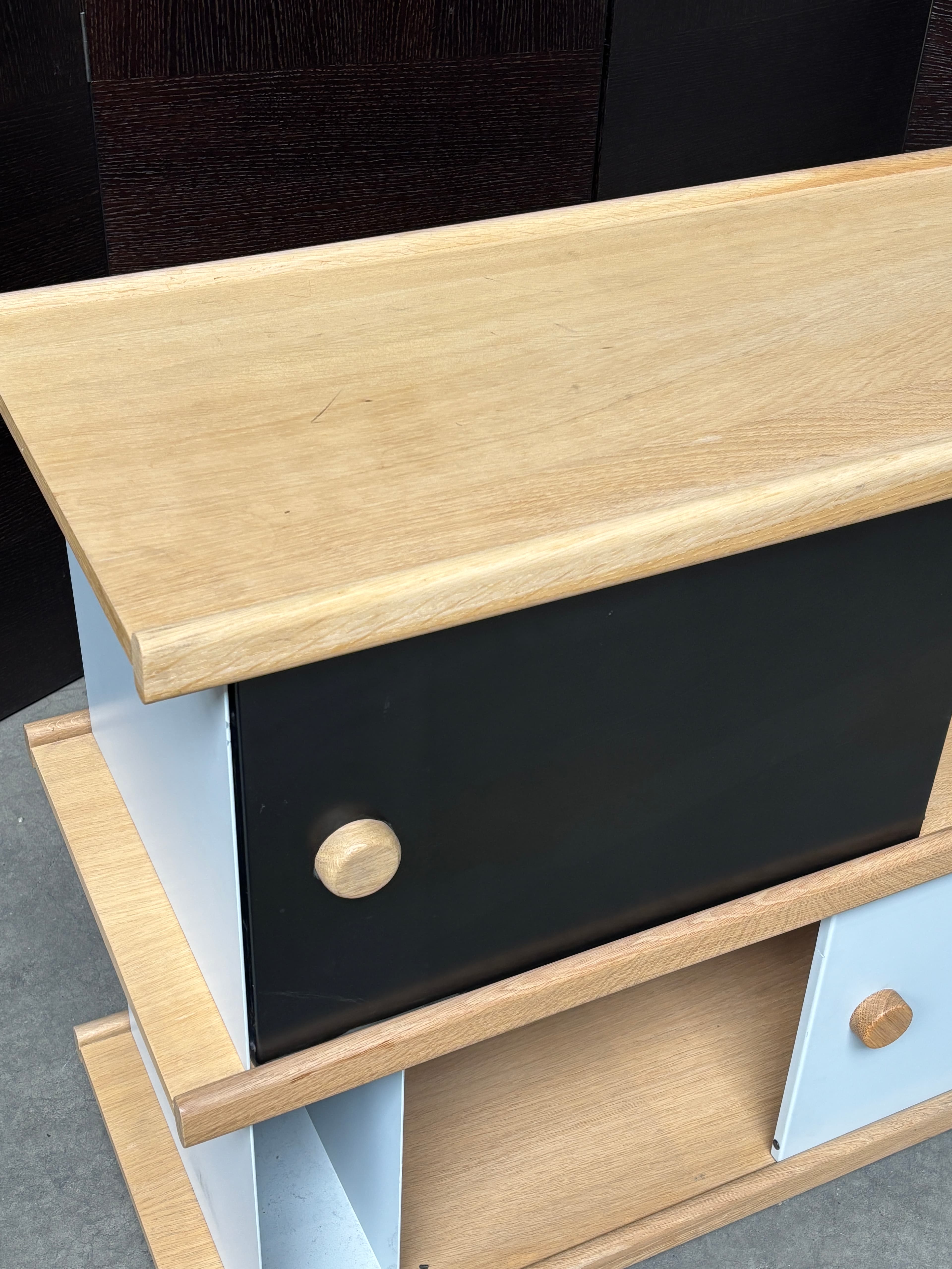 Cruso small Block Shelving System by Alain Gilles Oak Black Sliding Storage Unit-1