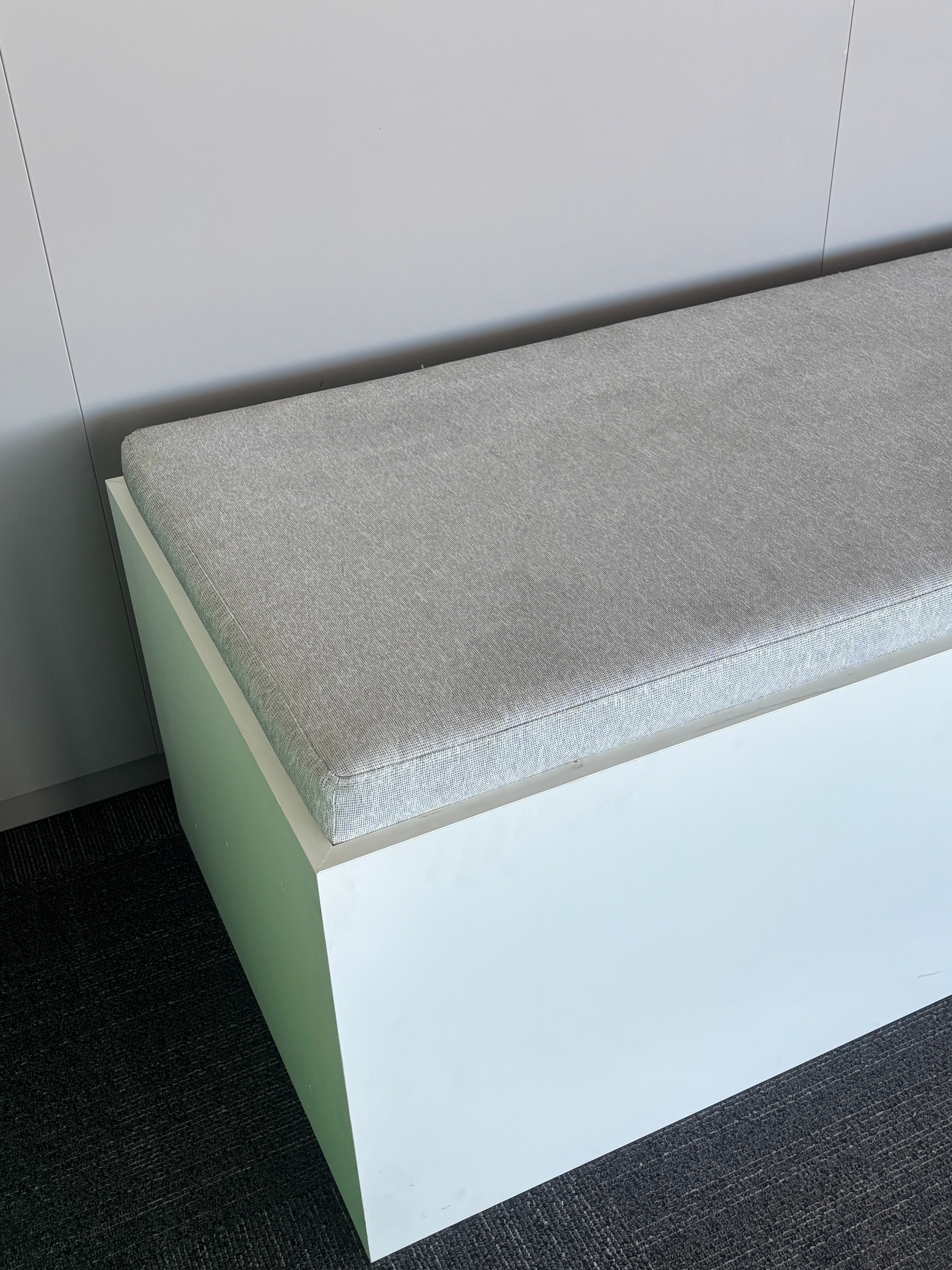 White wooden bench seat with grey fabric-0