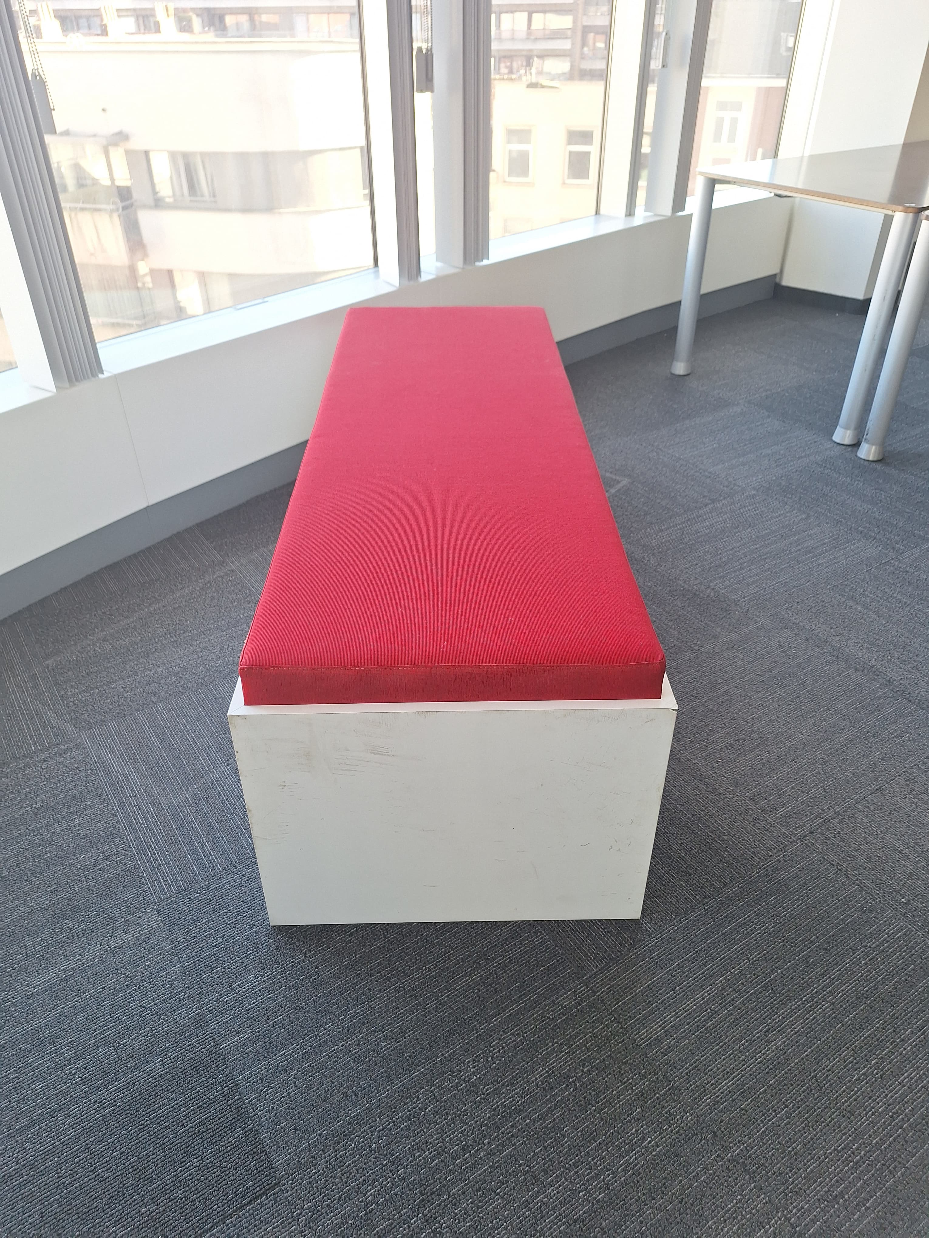 White wooden bench seat with red fabric-1
