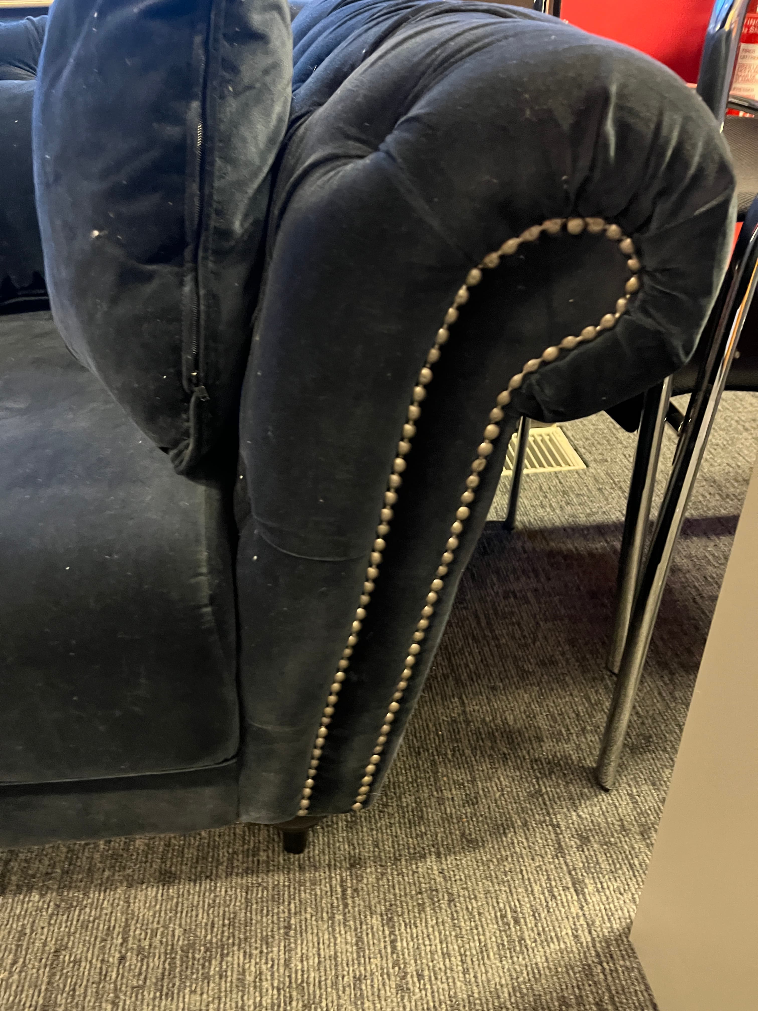 WORN : Blue navy velvet sofa with some damage on the armrest-1