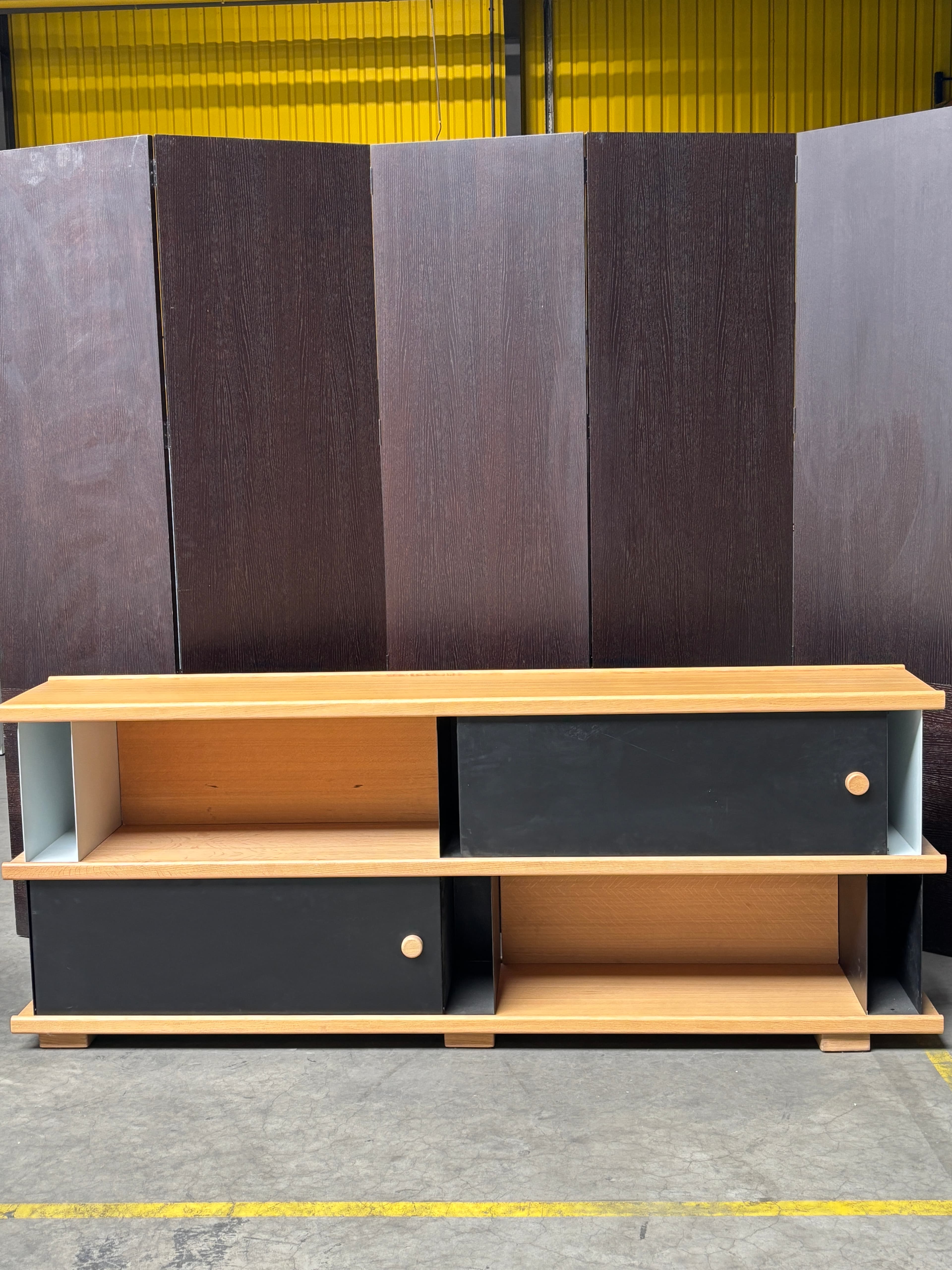 Cruso Block Shelving System by Alain Gilles Oak Black Sliding Storage Unit-0