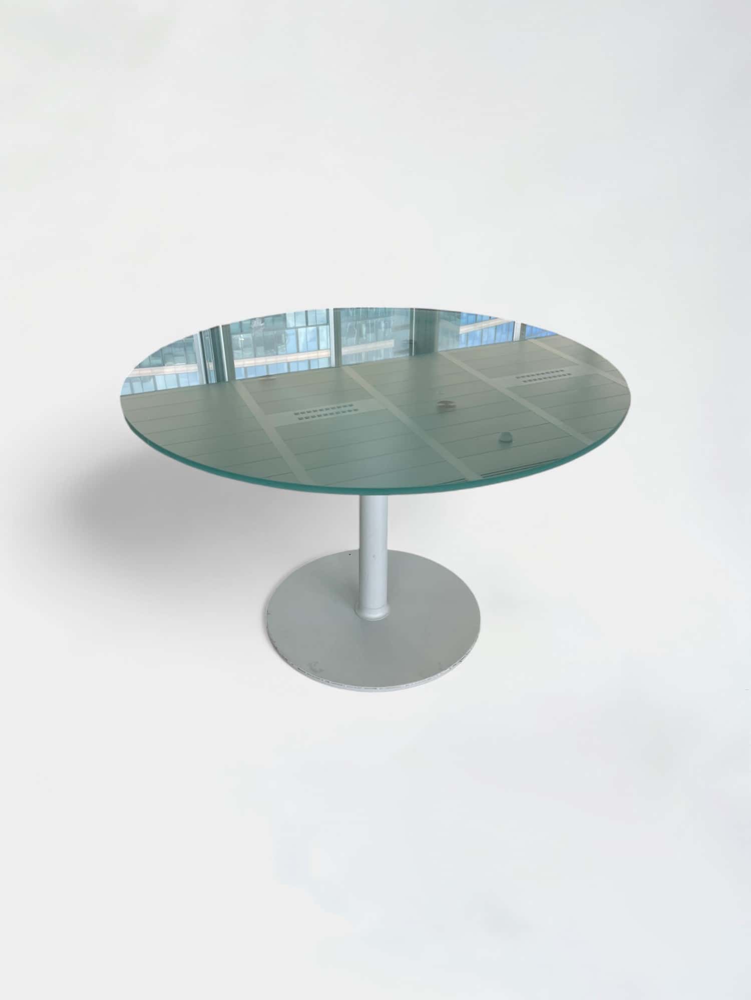 Blurred glass 110cm round table with a white metal frame product image