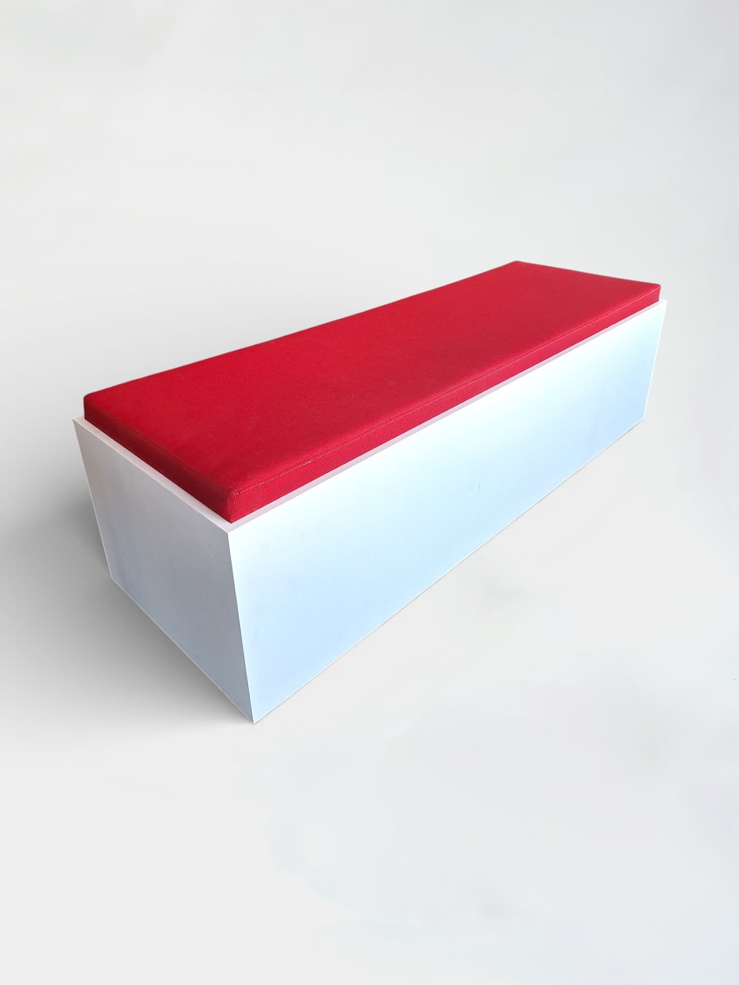 White wooden bench seat with red fabric-0