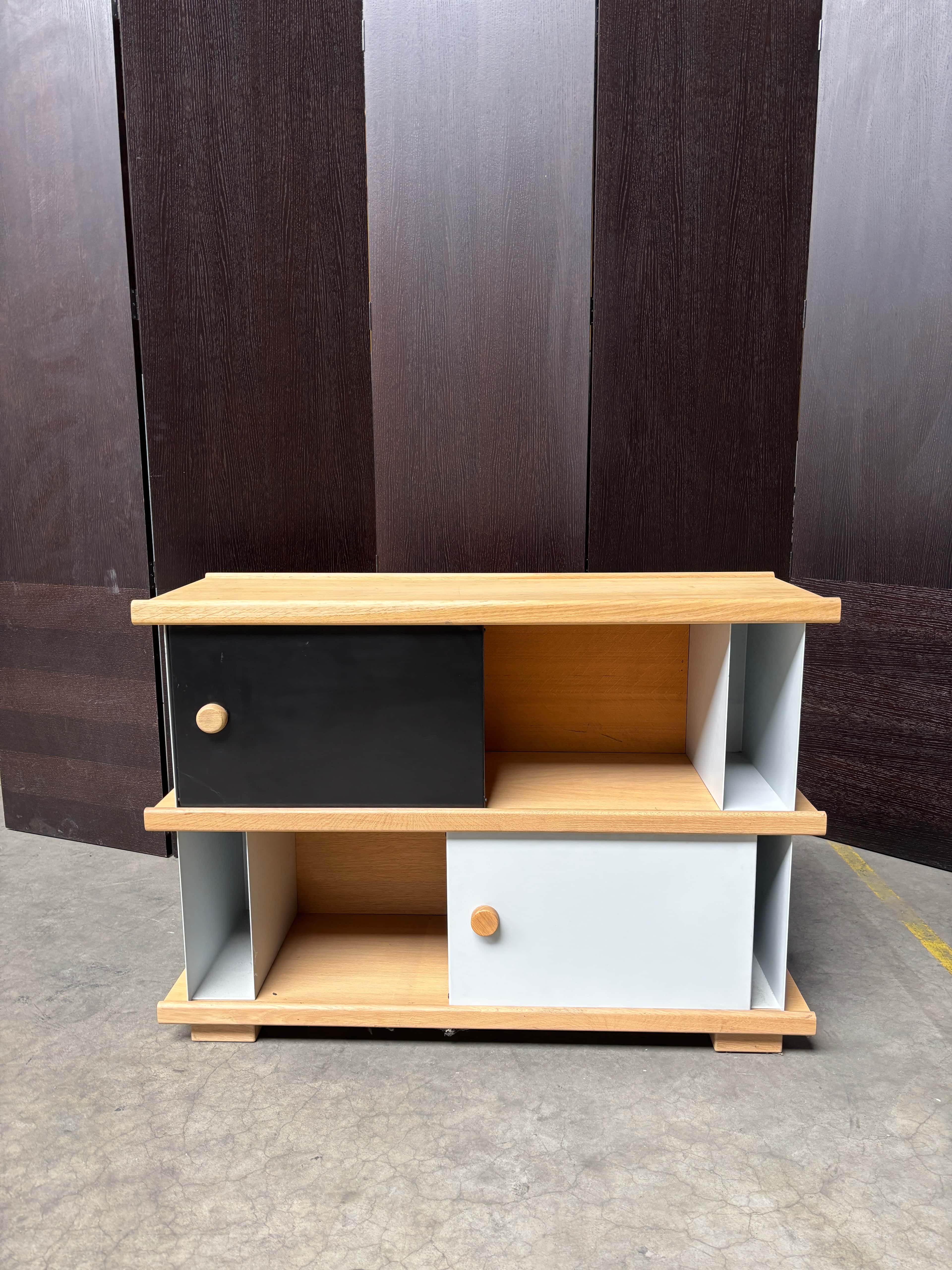 Cruso small Block Shelving System by Alain Gilles Oak Black Sliding Storage Unit product image