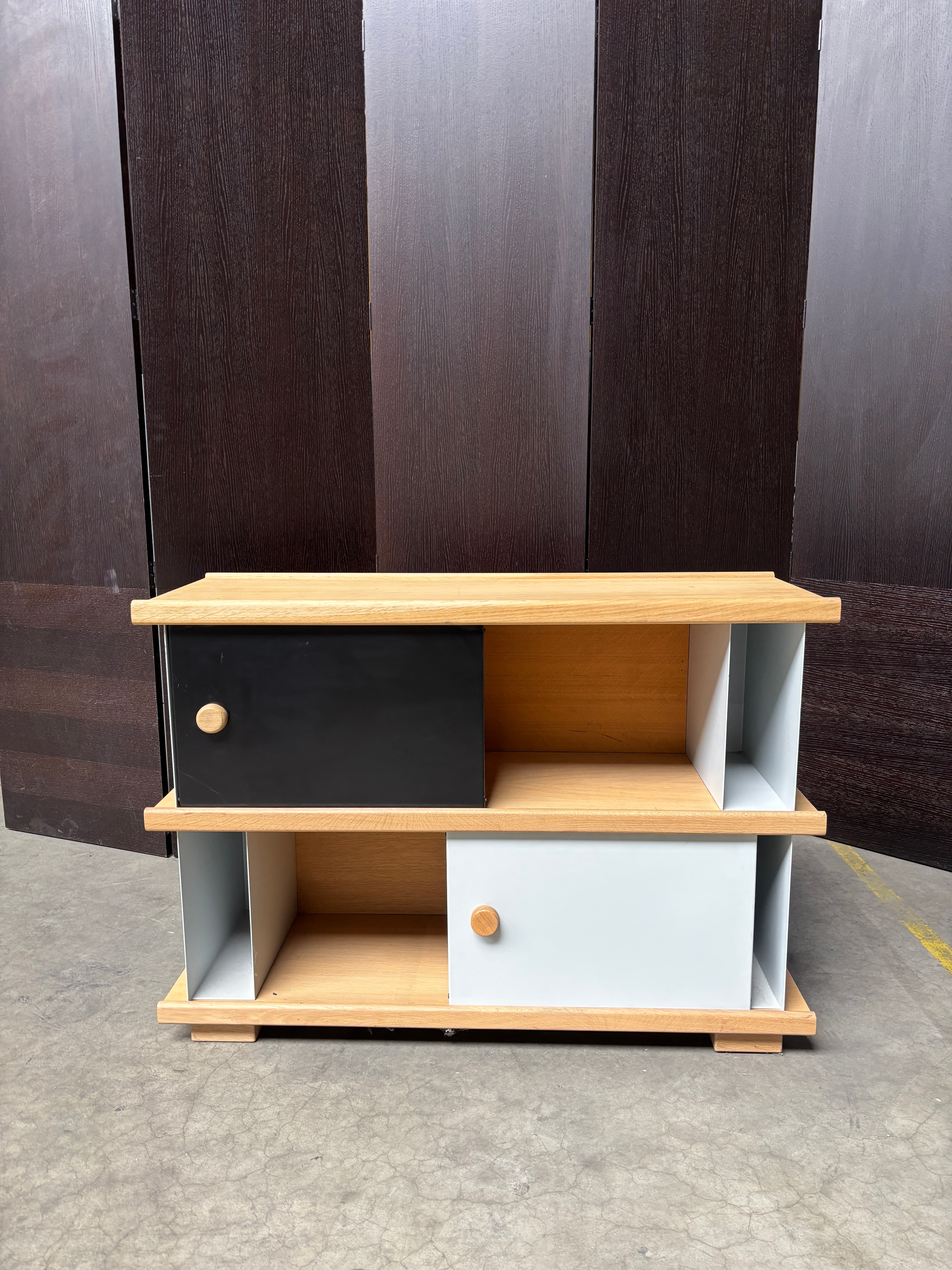 Cruso small Block Shelving System by Alain Gilles Oak Black Sliding Storage Unit-0