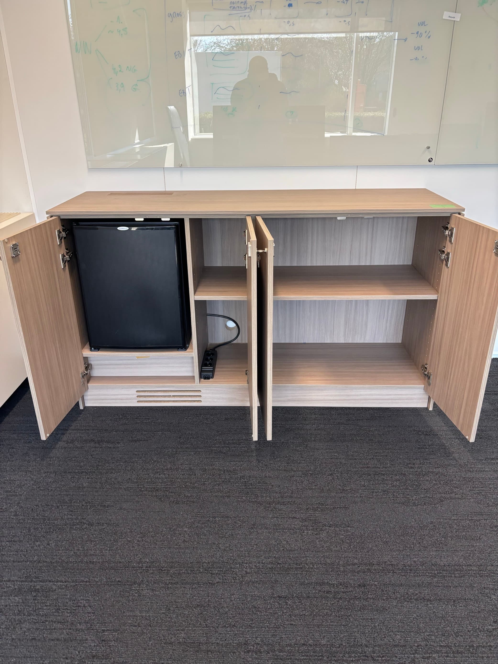 4 doors Wood storage with keys and small fridge