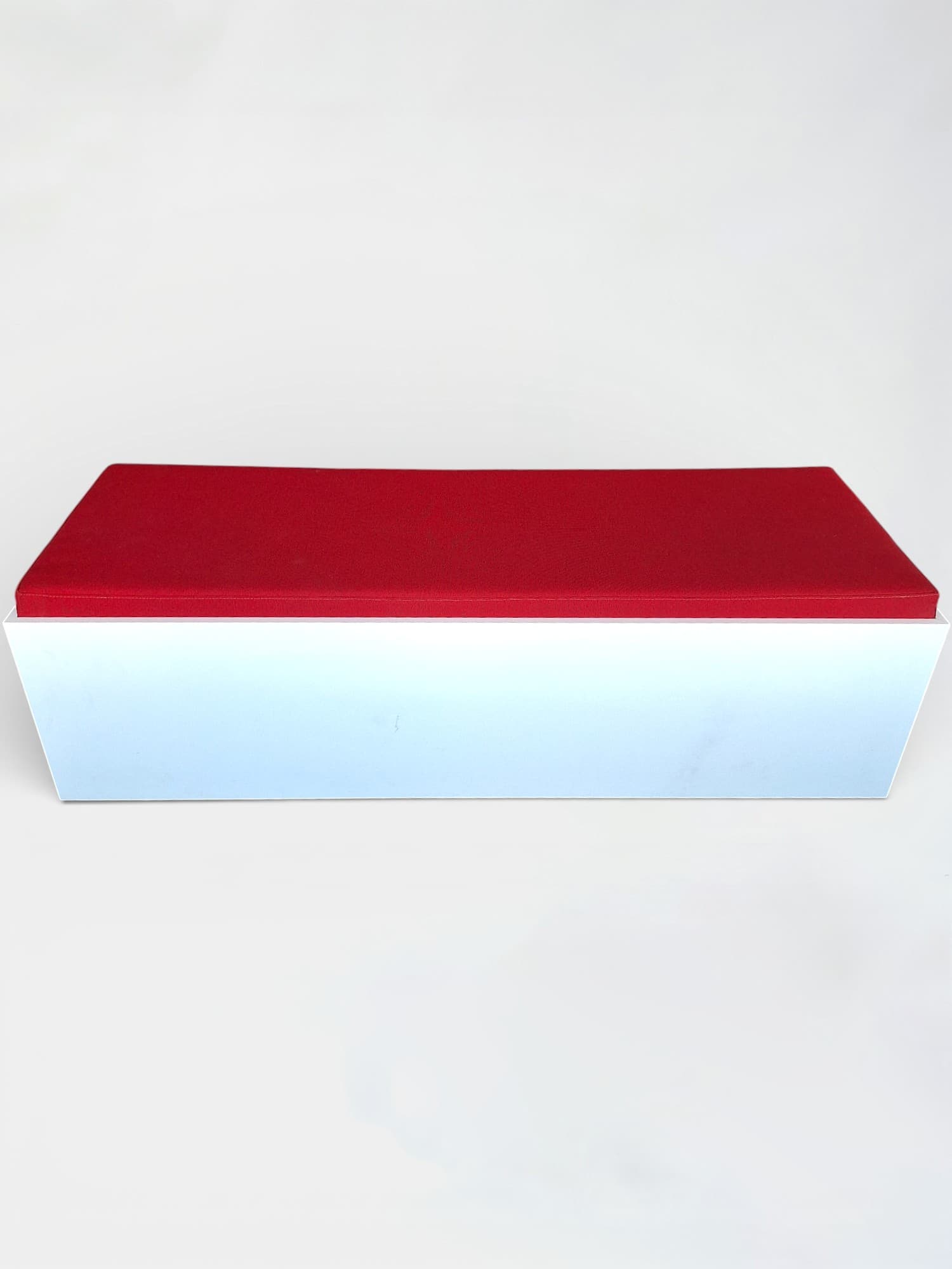 White wooden bench seat with red fabric-1
